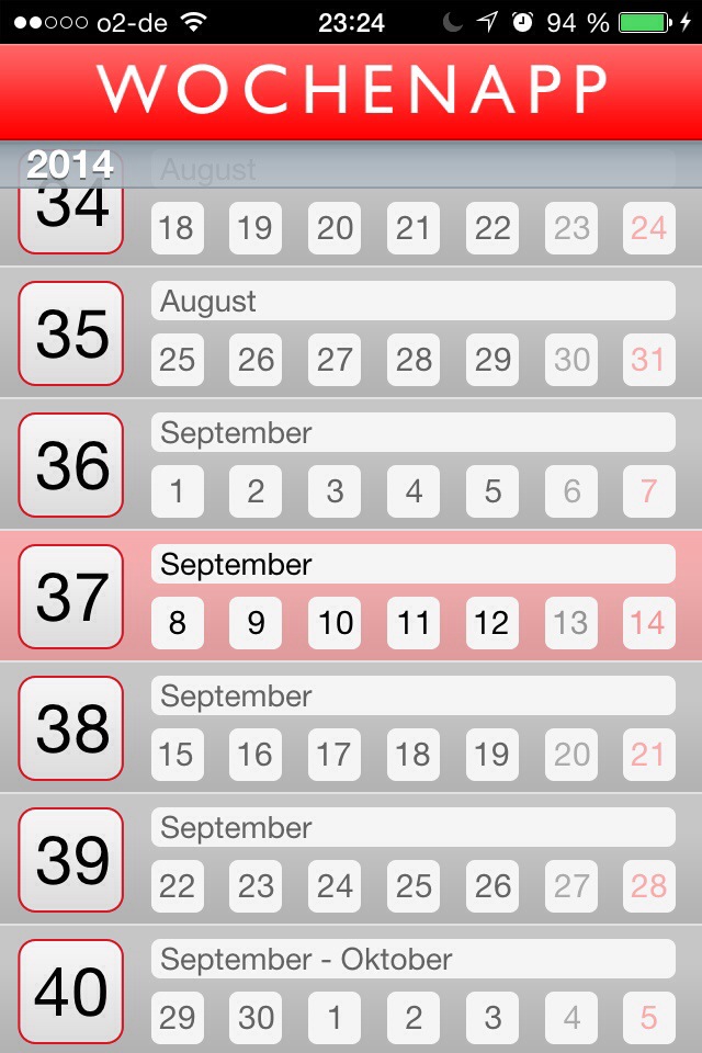 Screenshot der Wochen App