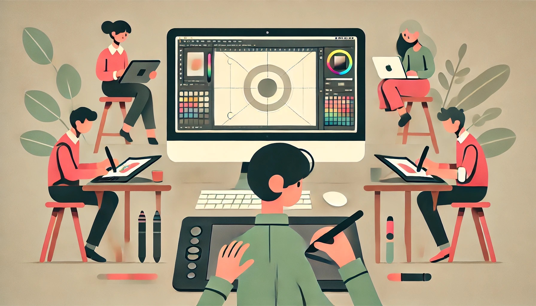Fünf Illustratoren mit Wacom und Pen bei der Arbeit
